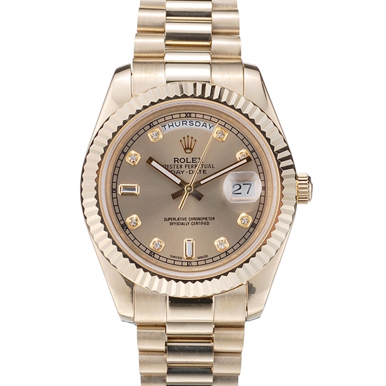 Aaa fake watches Swiss Ribbed Gold Steel Rolex Dial Bezel Stainless DayDate 41997 Gold 0814